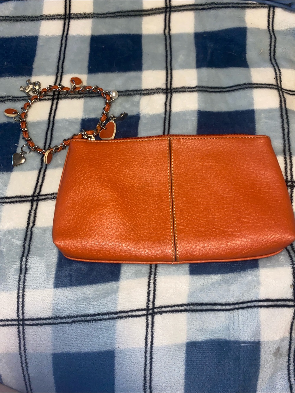 Liz Claiborne Orange Pebbled Leather Wristlet with Charm Chain Accent